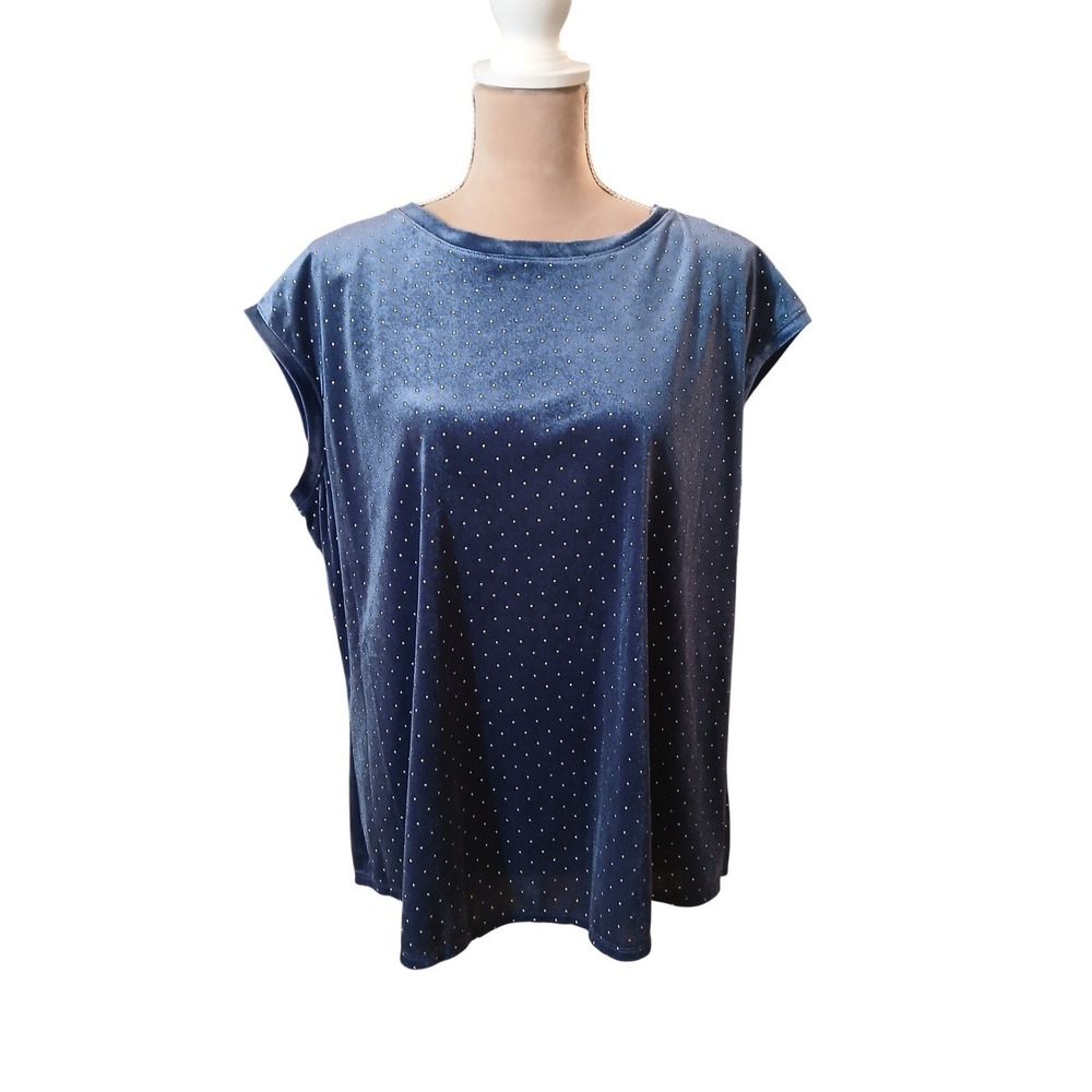Elle Women XL Blue Velvet Studded Tee Shirt Embellished Coachella Western